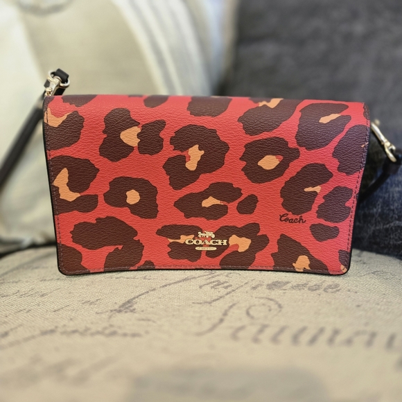 Coach Anna Foldover Crossbody Clutch in the Bright Poppy Red Leopard Print - Picture 15 of 16